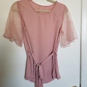 Shein Dusty Pink Blouse w Pearls on Sheer Sleeves  S/M